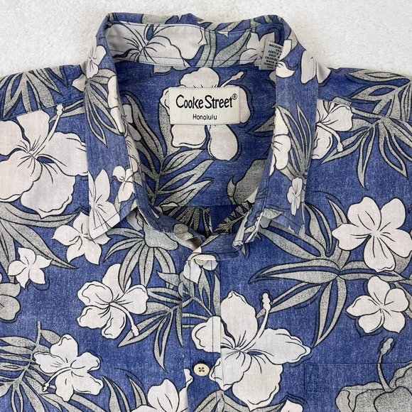 Cooke Street Aloha Shirt Mens XL Blue Reverse‎ Print Hawaiian Floral Hibiscus - Picture 2 of 8